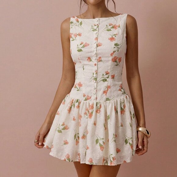 Women's Romantic Elegant Flower Print & Embroidery Mini dress - Picture 1 of 7